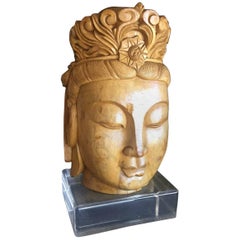 Impressive Hand-Carved Wooden Buddha Head on Acrylic Base