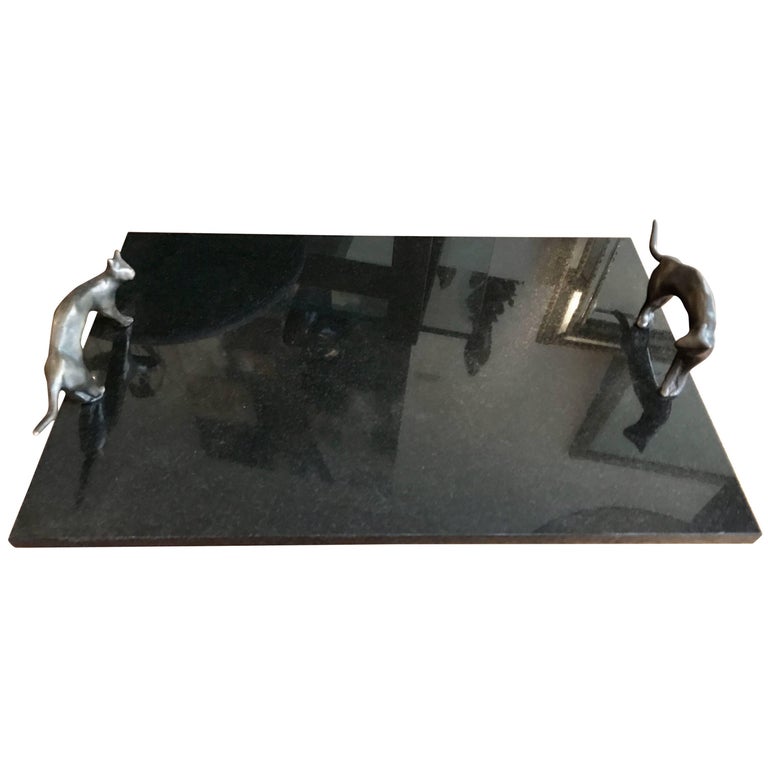 Black Marble Serving Tray with Brutalist Bronze Cat Handles by Michael Aram  at 1stDibs | black marble tray with handles, michael aram tray, black  serving platters