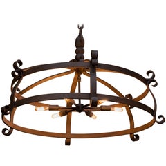 Vintage Over-Sized Hand-Forged Iron Round Chandelier with Six Lights. Farmhouse style 