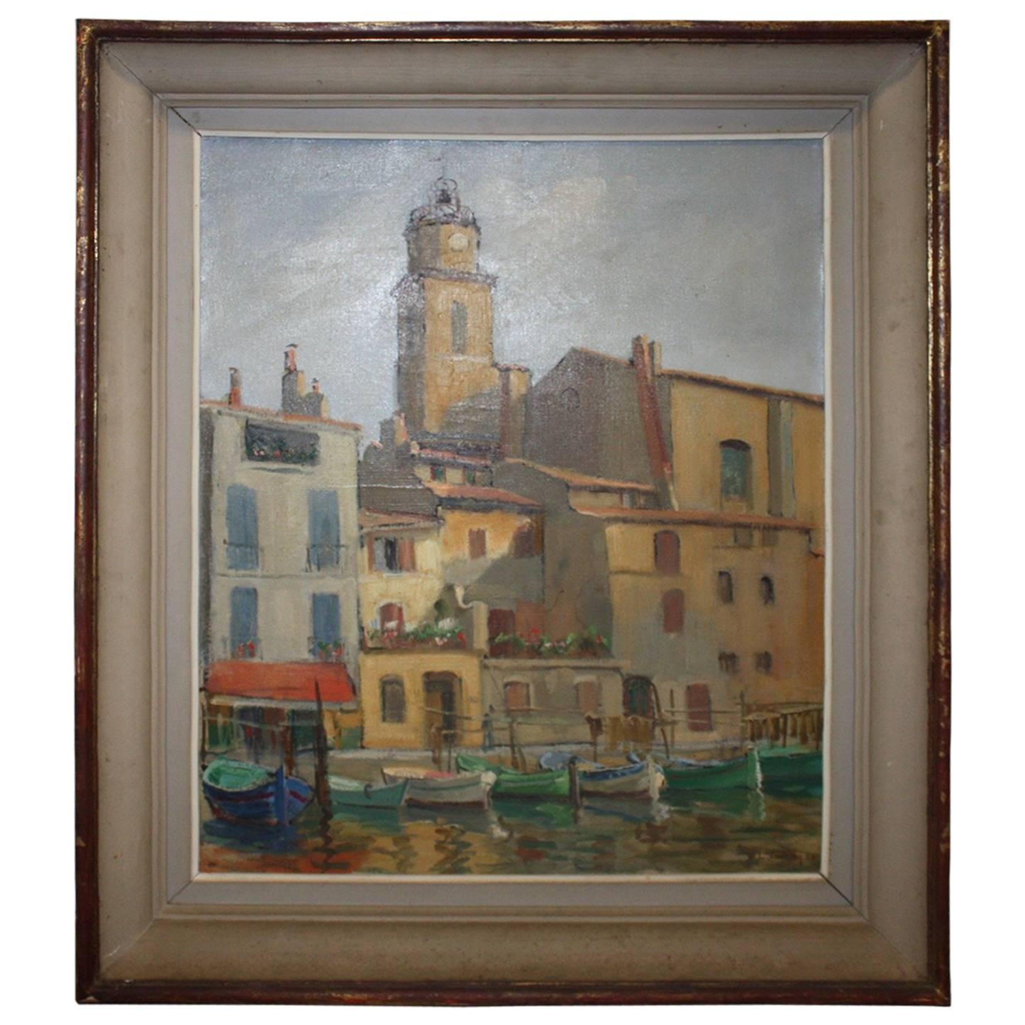 Charming French Oil on Canvas "Le Port", Dated and Signed