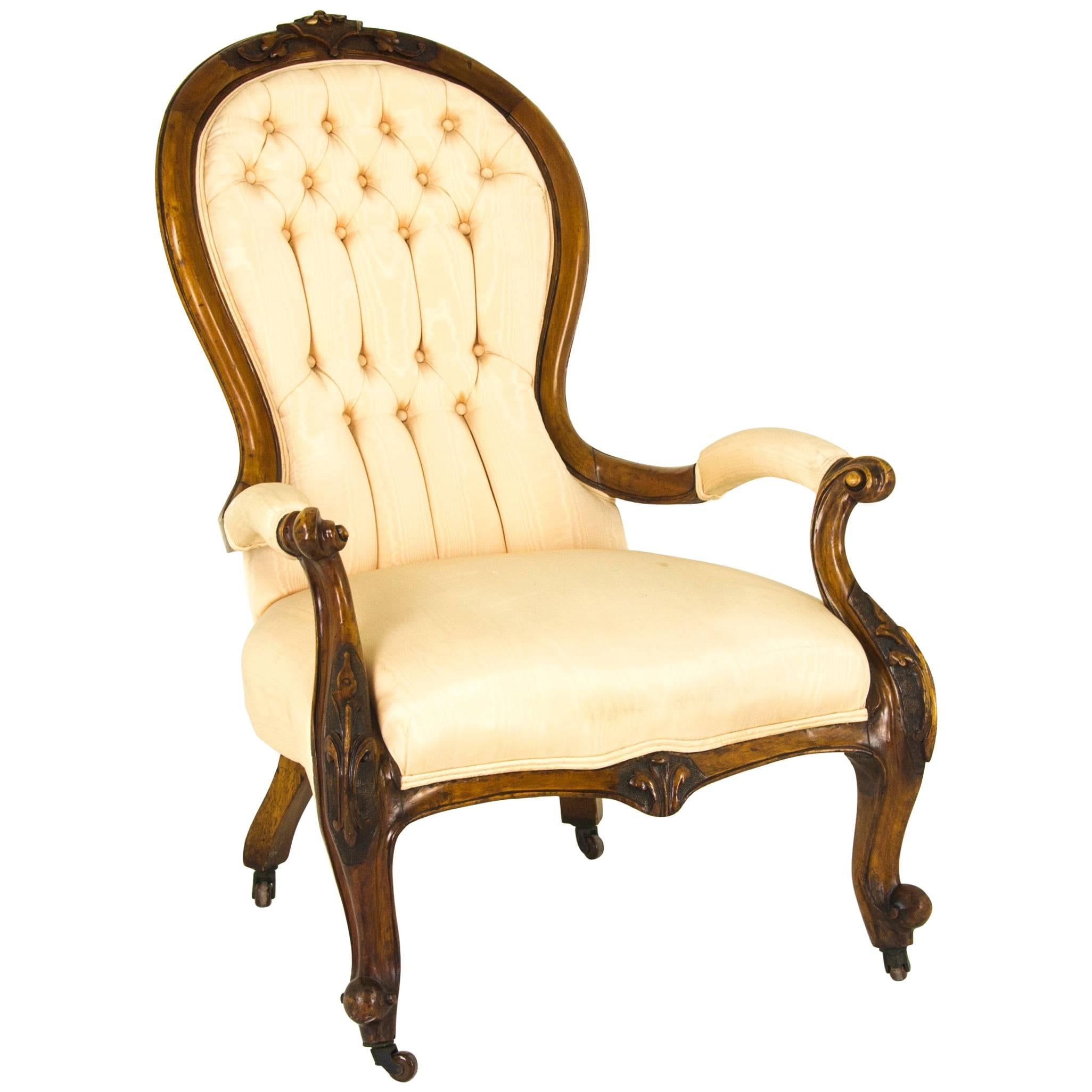 Antique Gentleman's Chair Walnut Chair Open Armchair, Scotland, 1870  REDUCED!!!
