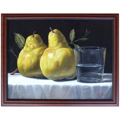 Vintage Still Life of Pears and Water Glass on a Table