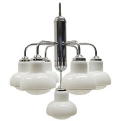Seven-Arm Art Deco Ceiling Lamp in Chrome and Glass