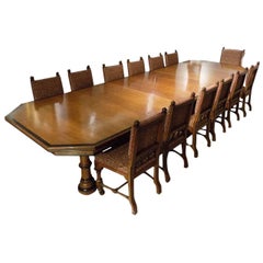 Antique Fantastic Pollard Oak and Ebony Dining Room Table with 14 Matching Chairs, 1870