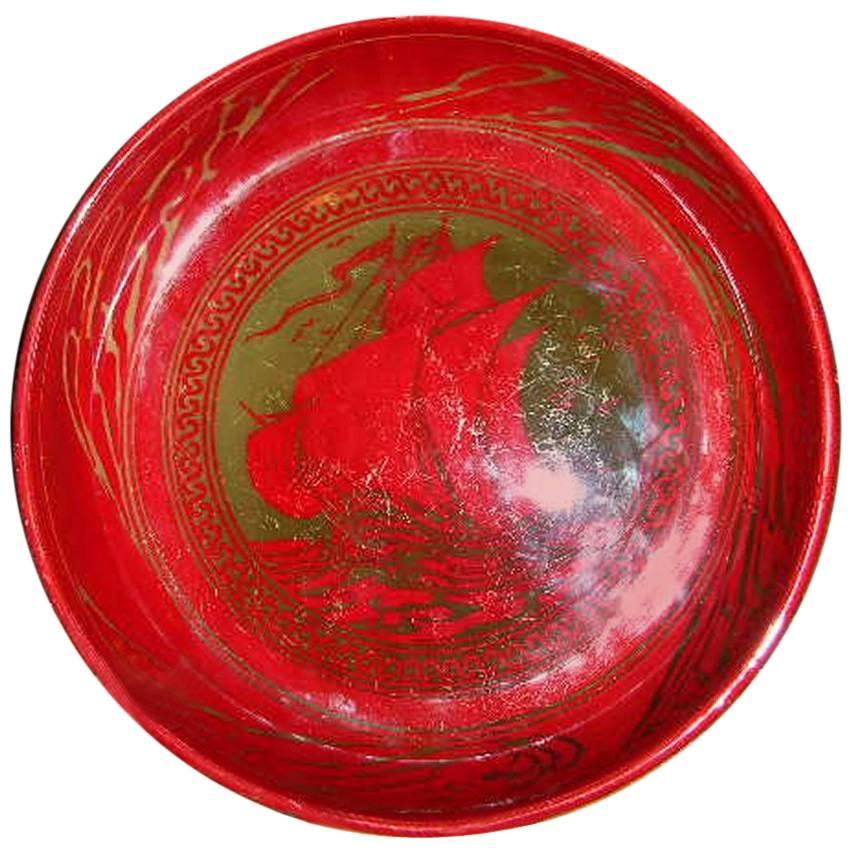 Bernard Moore, Red Flambe' Bowl Painted by E. Hope Beardmore with a Galleon For Sale