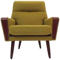 Danish Green Yellow Wool and Teak Armchair Midcentury Chair Reupholstered, 1960s
