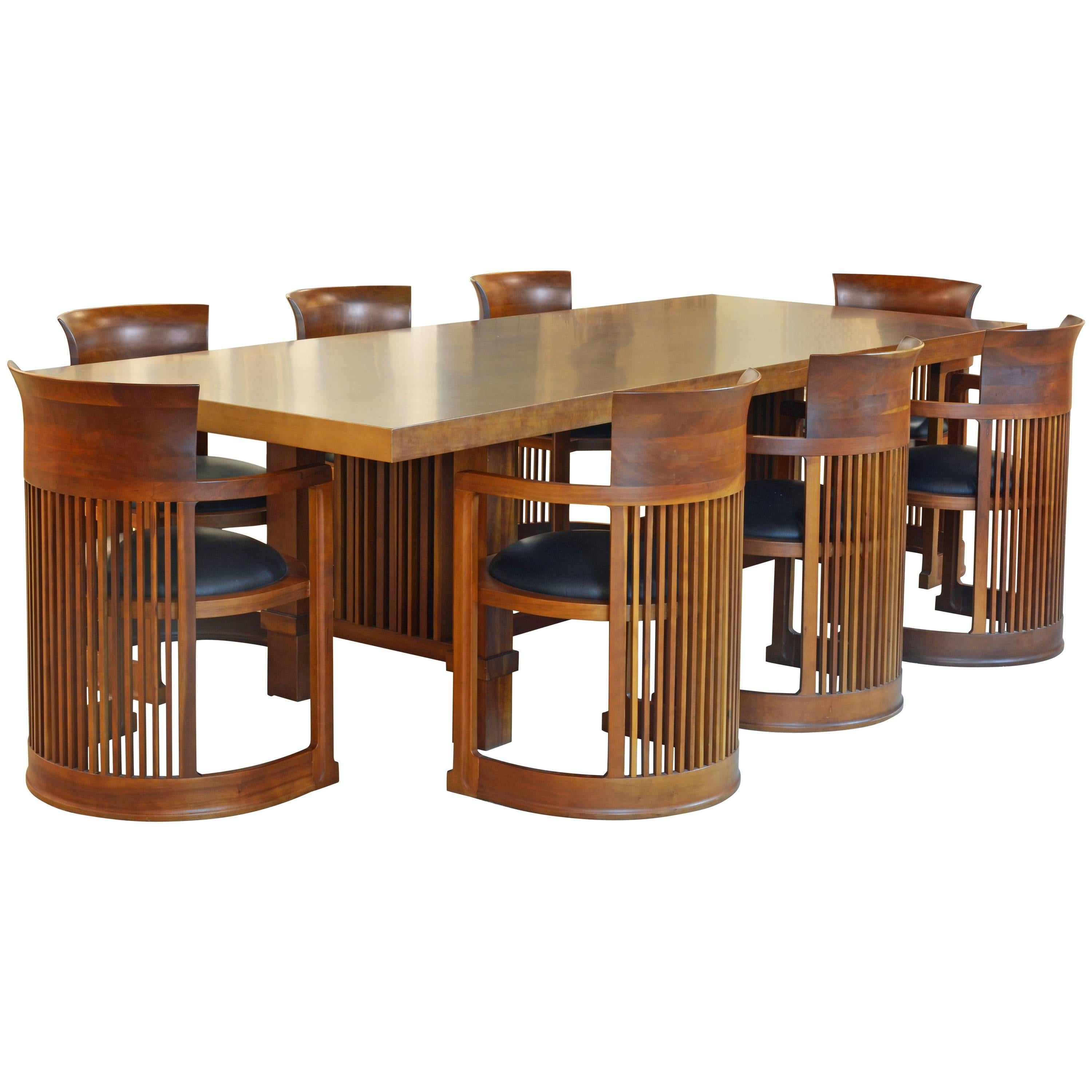 Frank Lloyd Wright Inspired Cherrywood Dining Table & Eight Chairs with Leather
