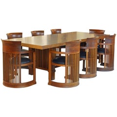 Frank Lloyd Wright Inspired Cherrywood Dining Table & Eight Chairs with Leather