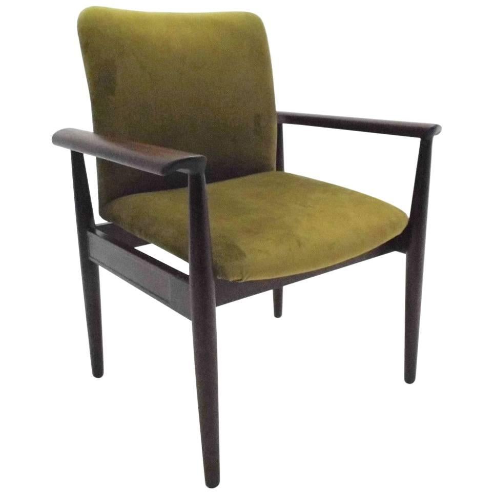 Danish Finn Juhl Mahogany & Green Velvet Desk Armchair Midcentury Chair, 1960s