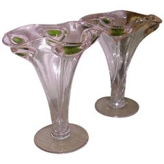 A Pair of Arts & Crafts Glass Peacock Vases with Swirl Stems and Green Ovals