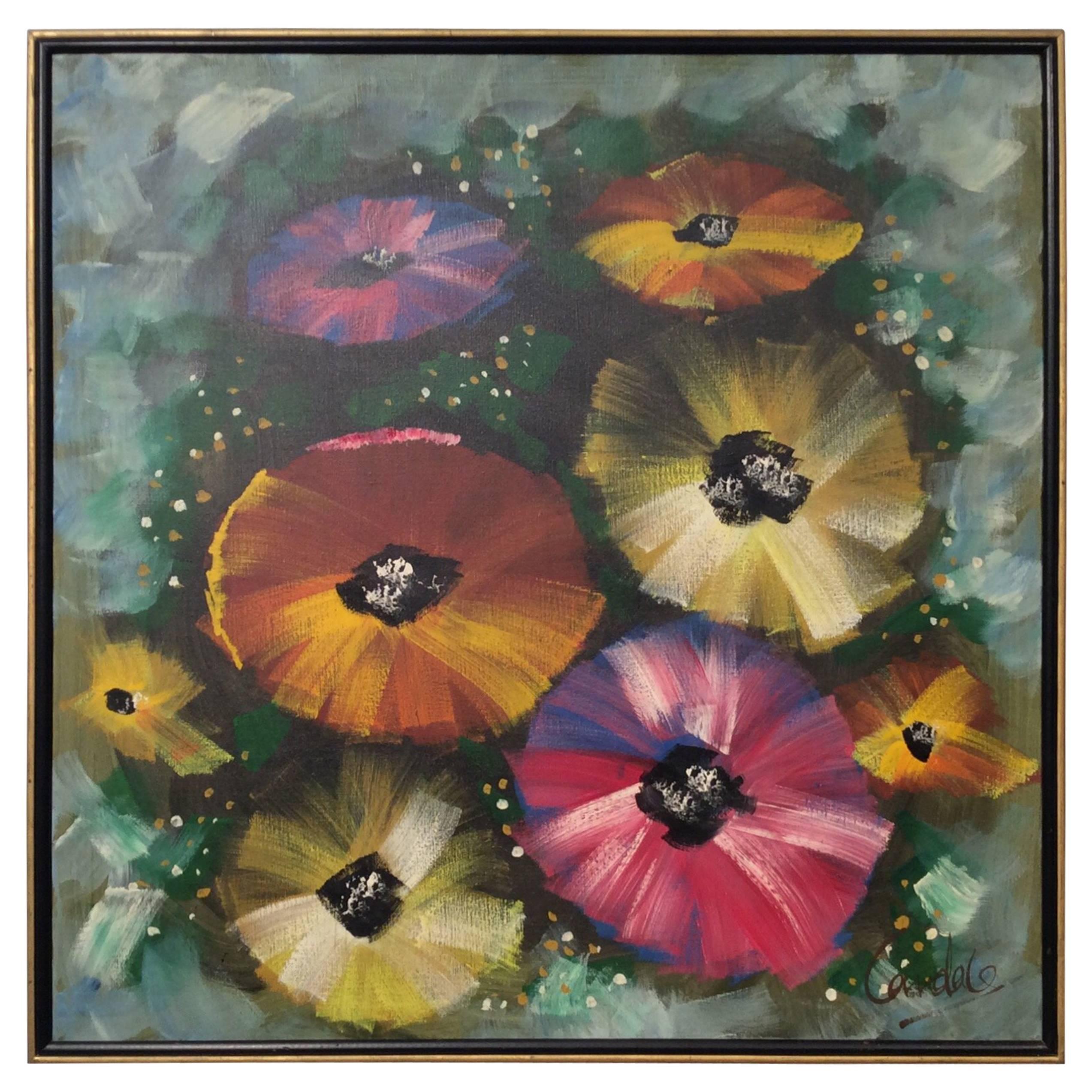 Midcentury Abstract Art on Canvas Depicting Pansies
