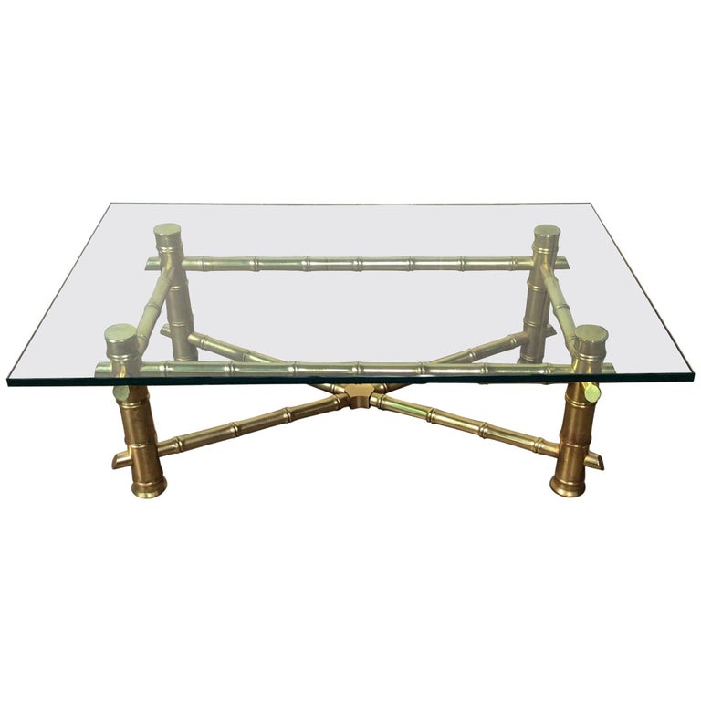 Midcentury Gold Gilt Faux Bamboo and Glass Coffee Table For Sale at 1stdibs