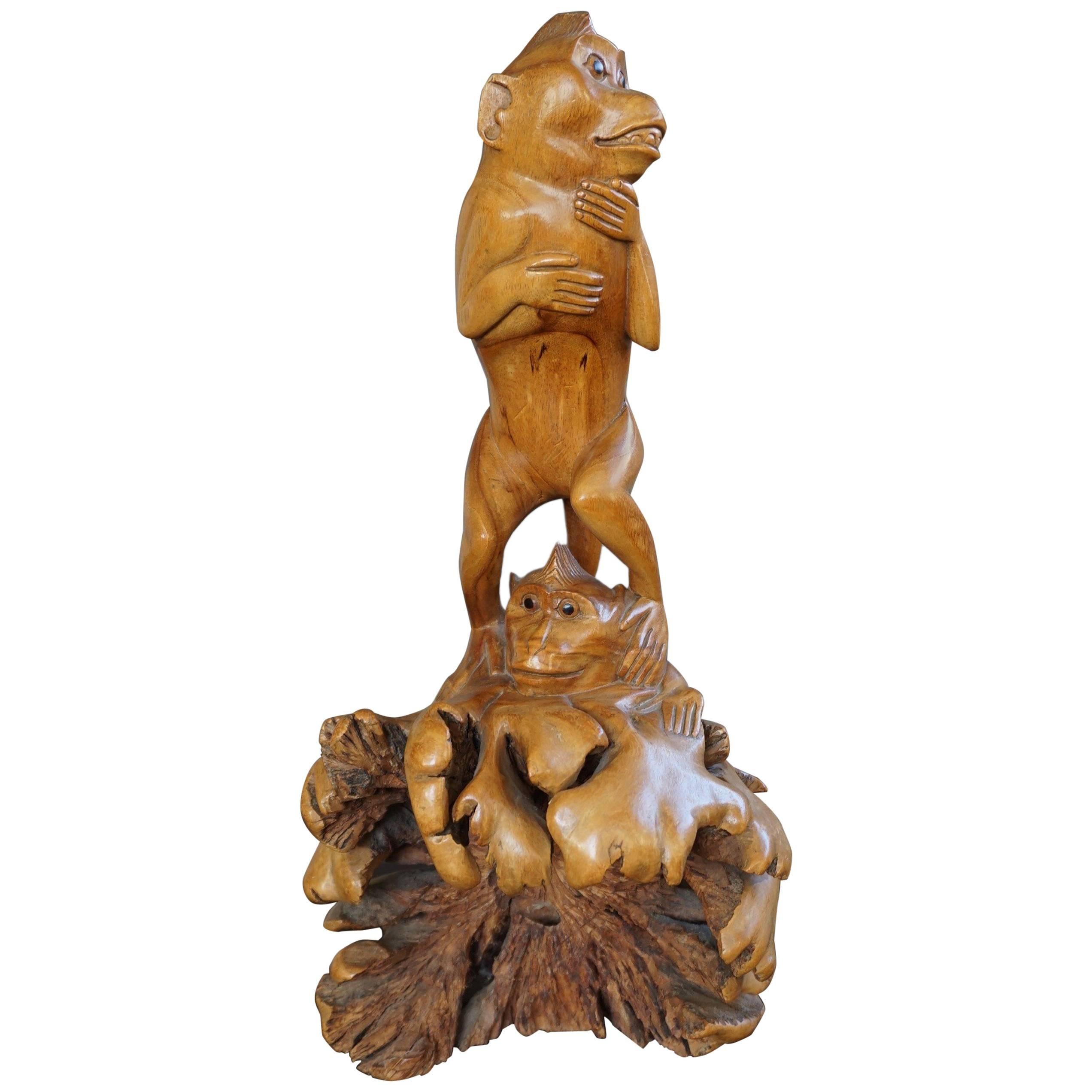 Hand-Carved Wooden Midcentury Two Monkey Sculpture Out of Tropical Tree Trunk For Sale