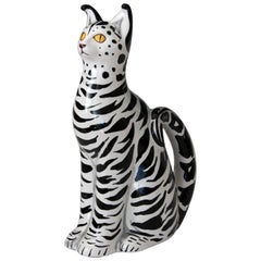 1960s Italian Black White Art Pottery Majolica Cat Figure Mancioli Raymor