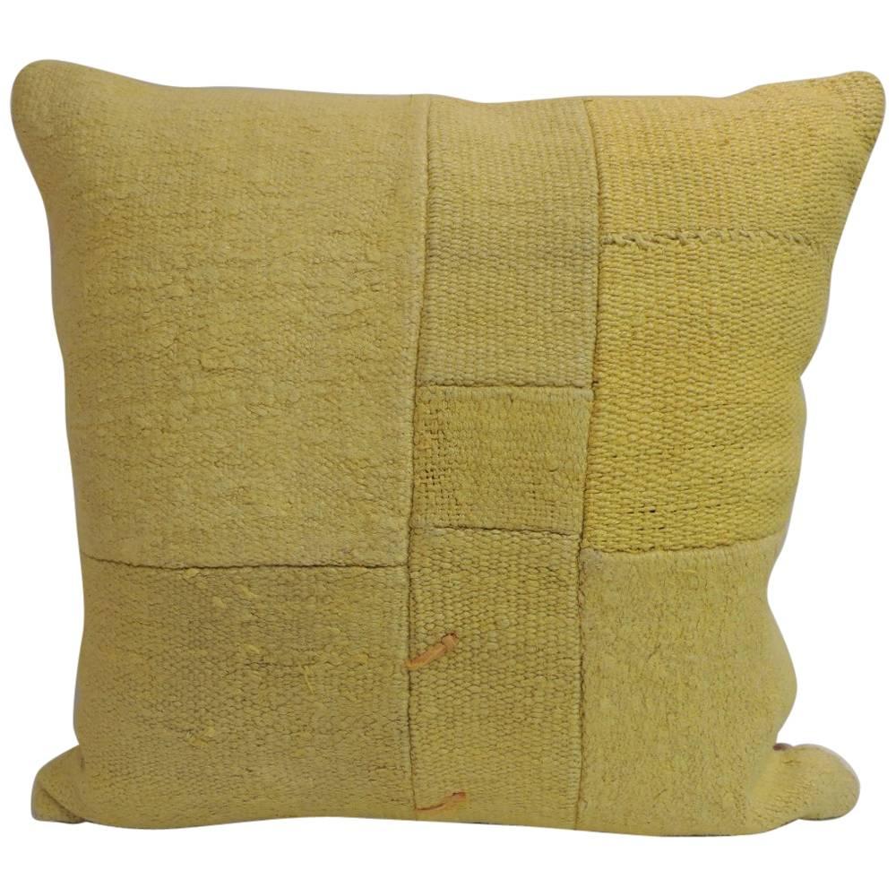 Vintage Bright Yellow Color Kilim Decorative Pillow with Modern Patchwork Design