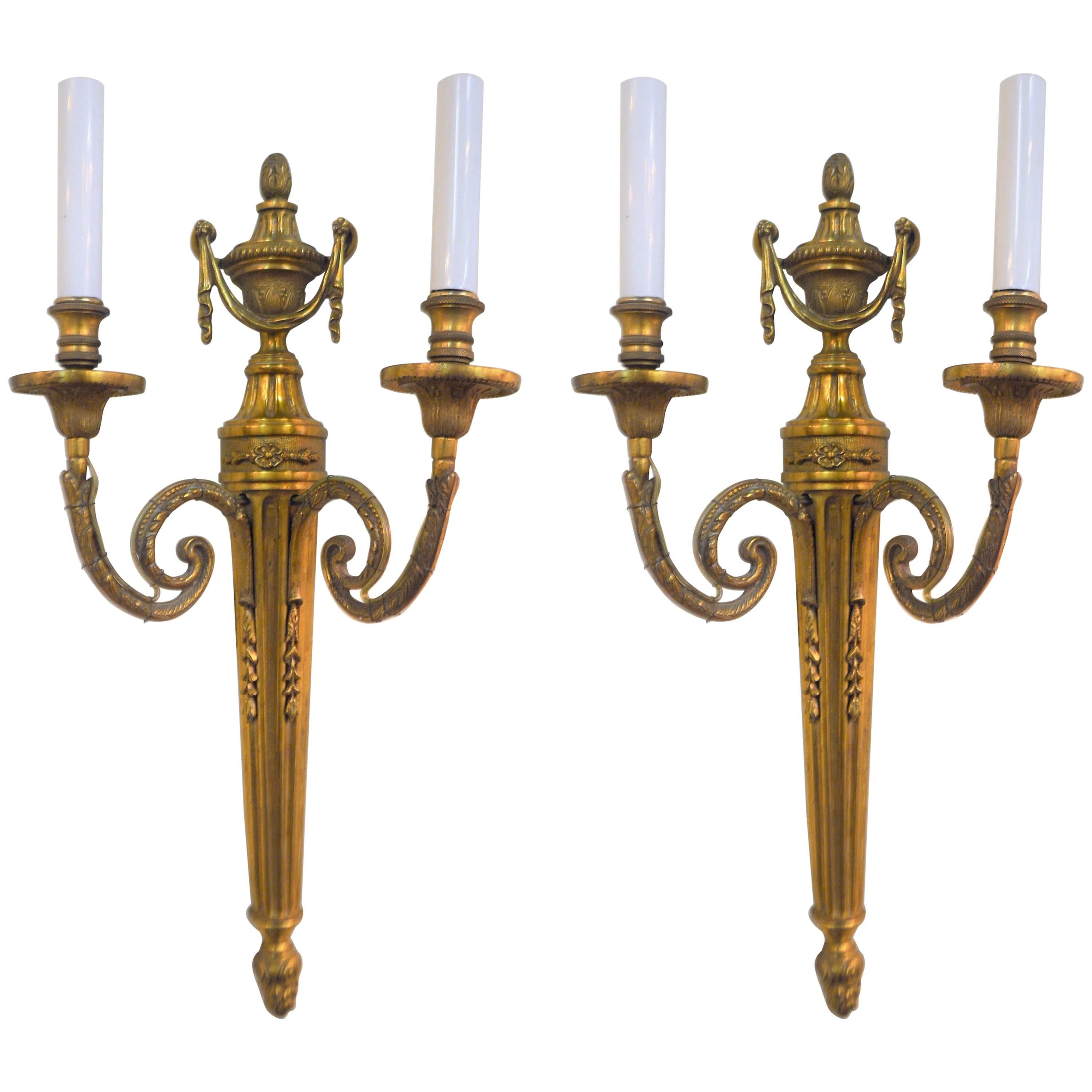 19th Century Pair of Empire Style Bronze Two-Light Sconces