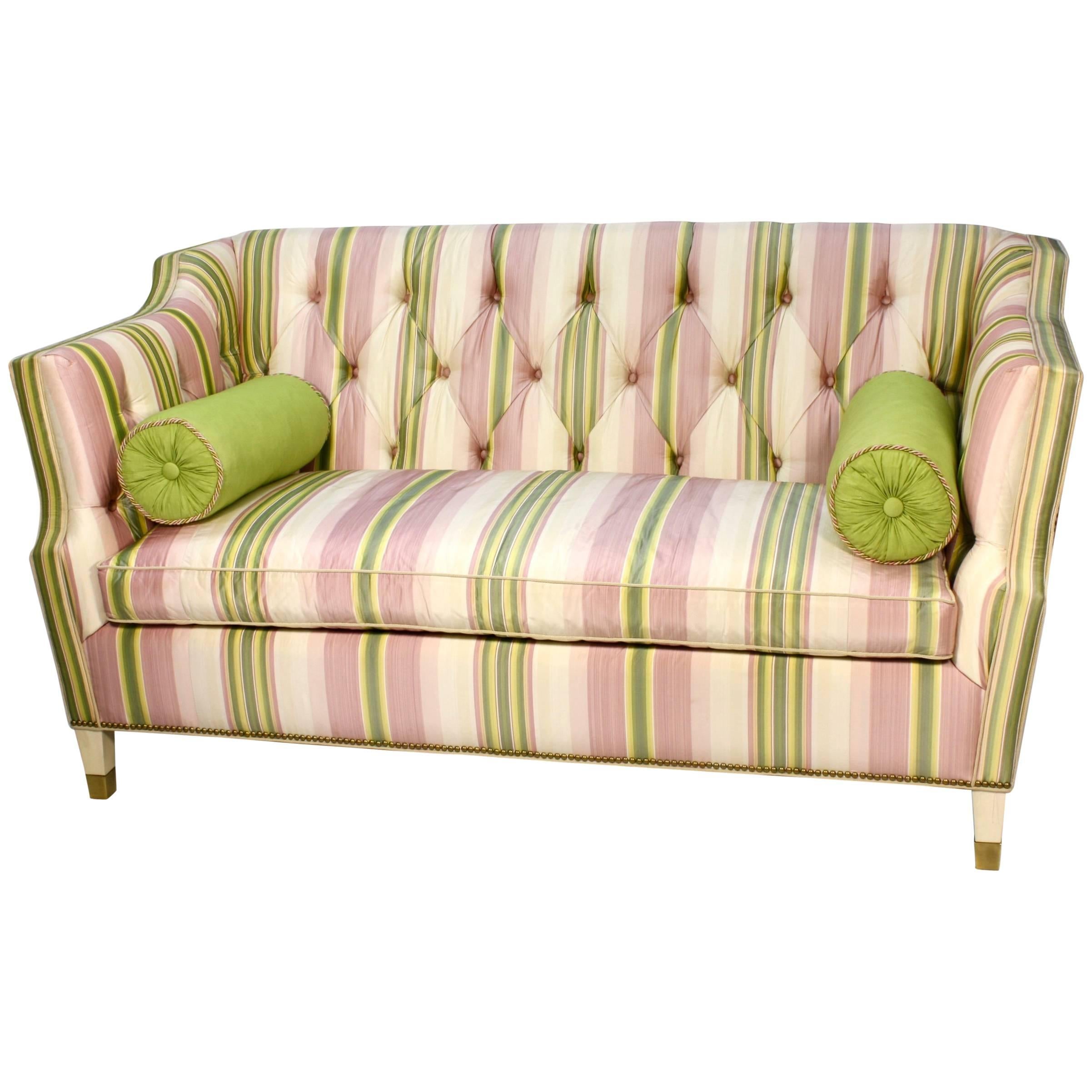 Custom Upholstered Sofa in Striped Silk Fabric by Scalamandre