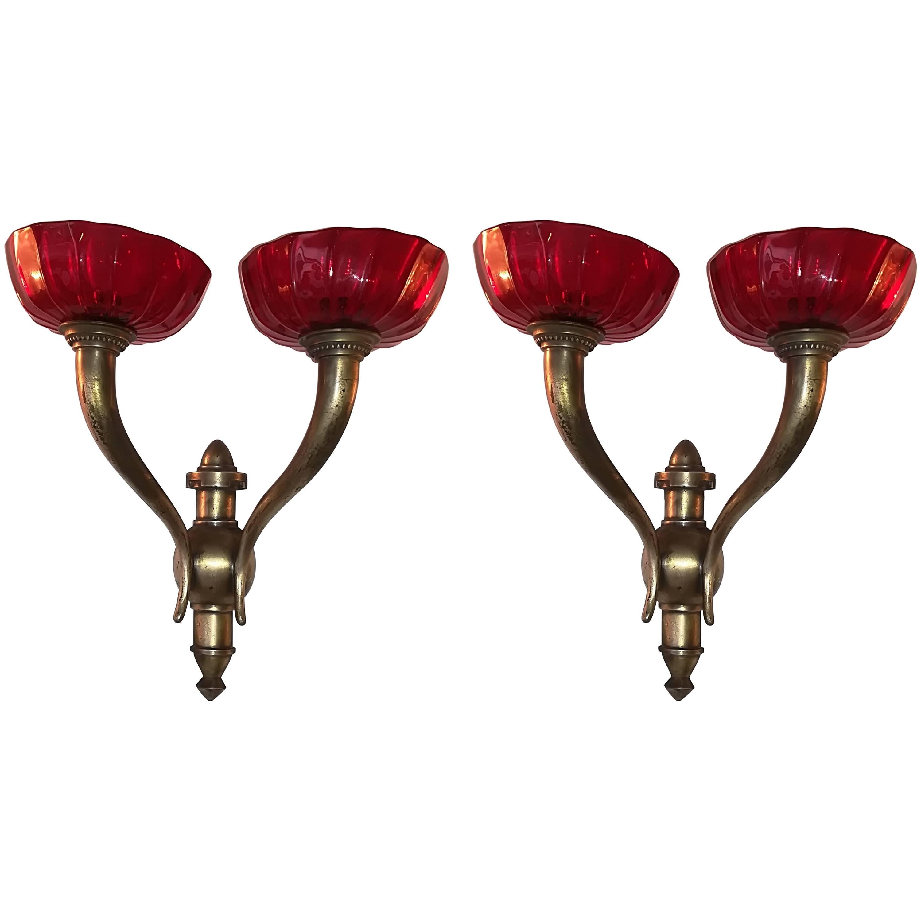 Pair of Venini Brass and Red Murano Glass Italian Sconses 1930 For Sale