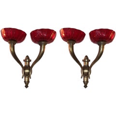 Pair of Venini Brass and Red Murano Glass Italian Sconses 1930