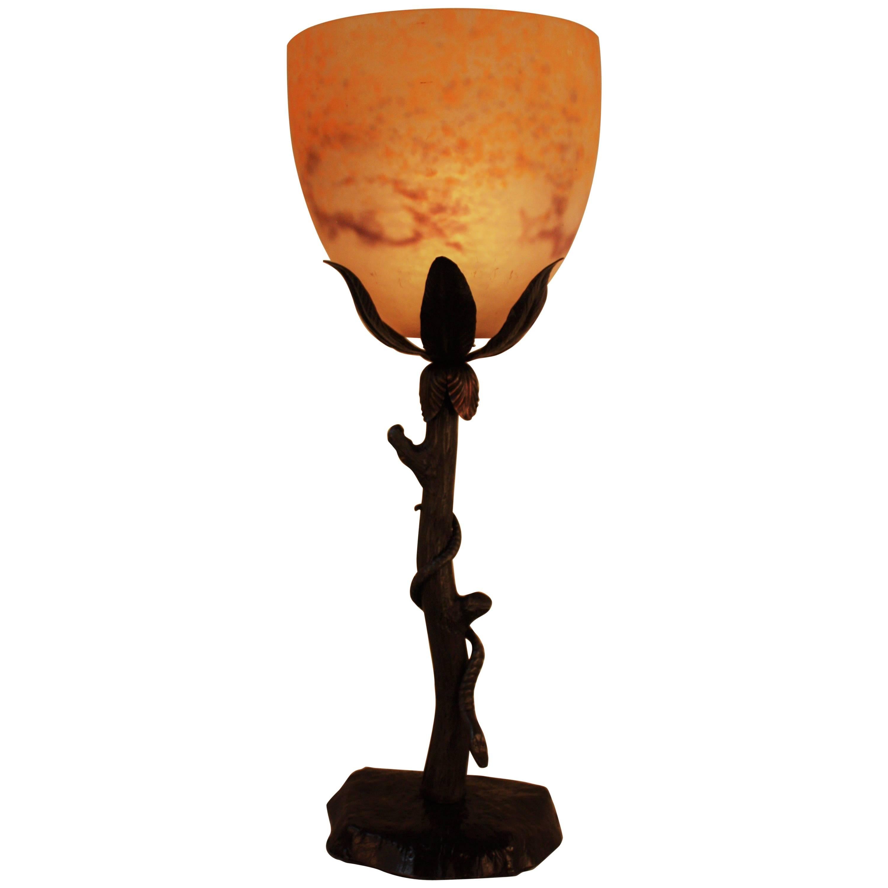 Wrought Iron Table Lamp with Snake Motif and Art Glass Shade