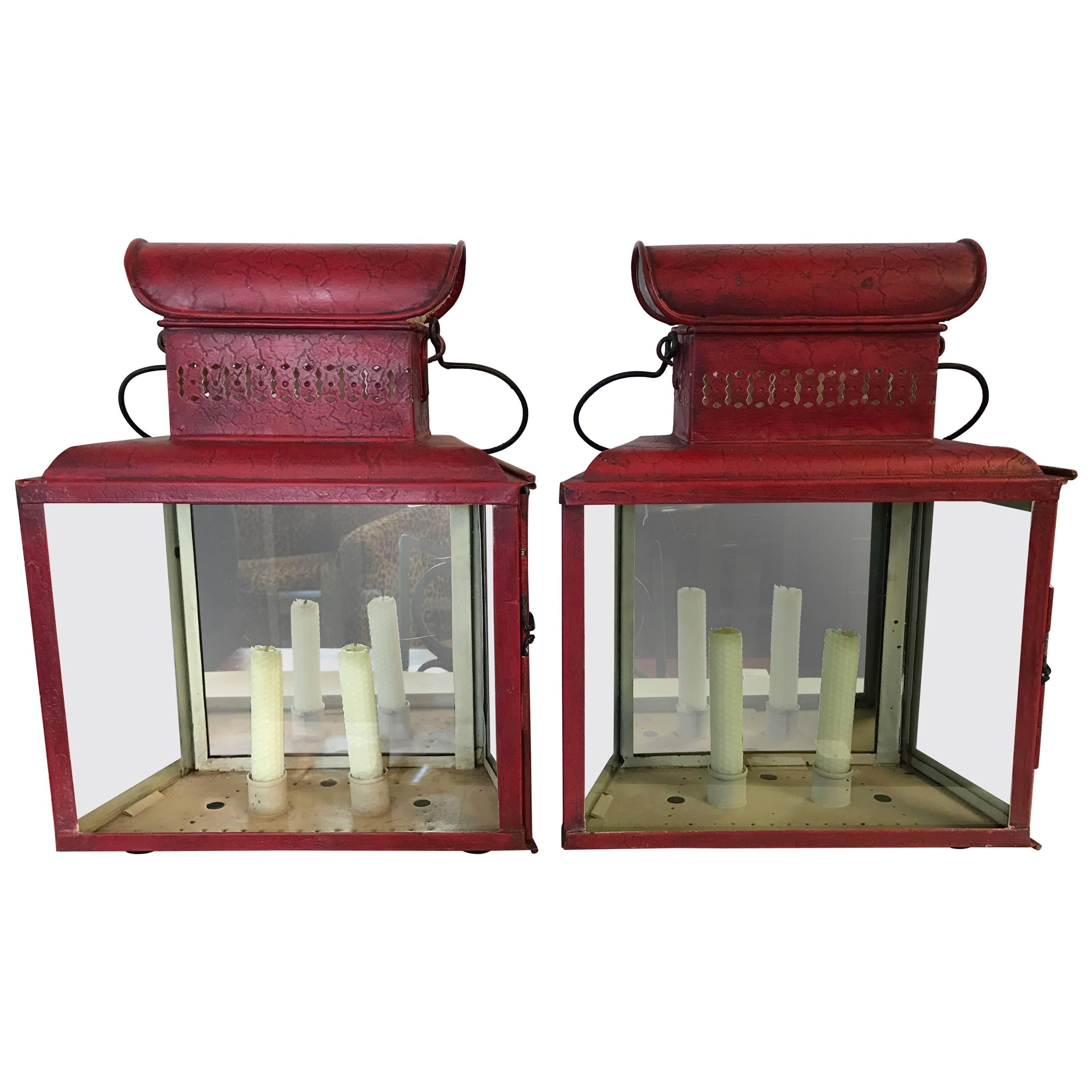Antique Red Tole Lanterns Sconces Candleholders