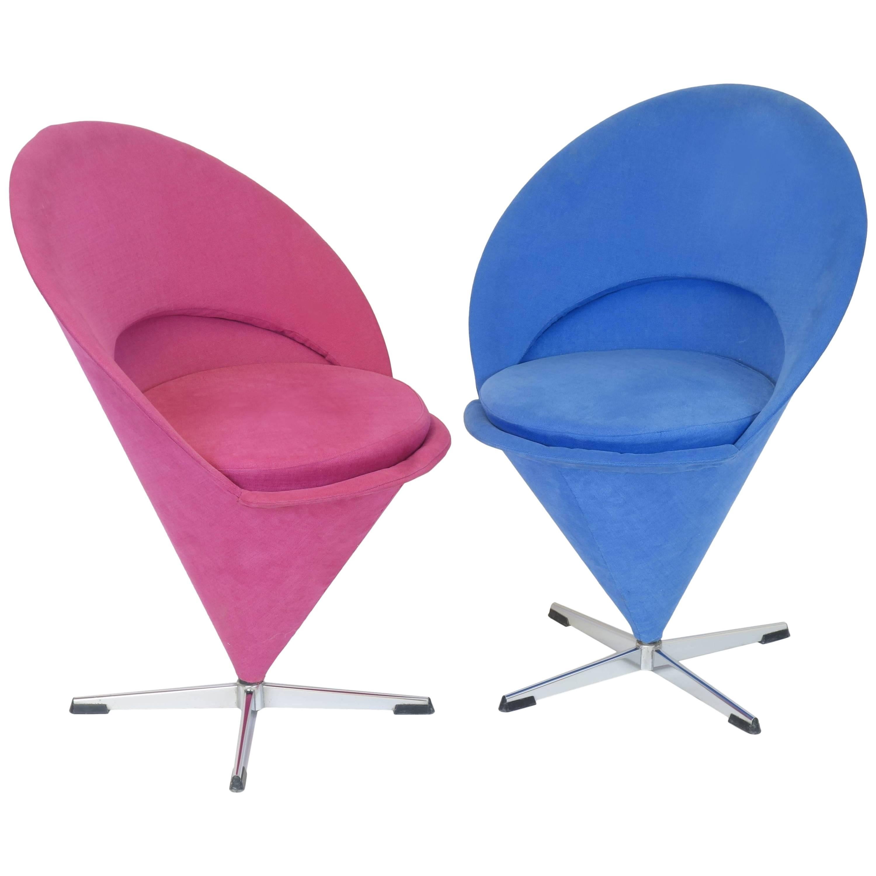 Verner Panton Design Pair of Cone Chairs Vitra Blue Red Denmark Original Nehl For Sale