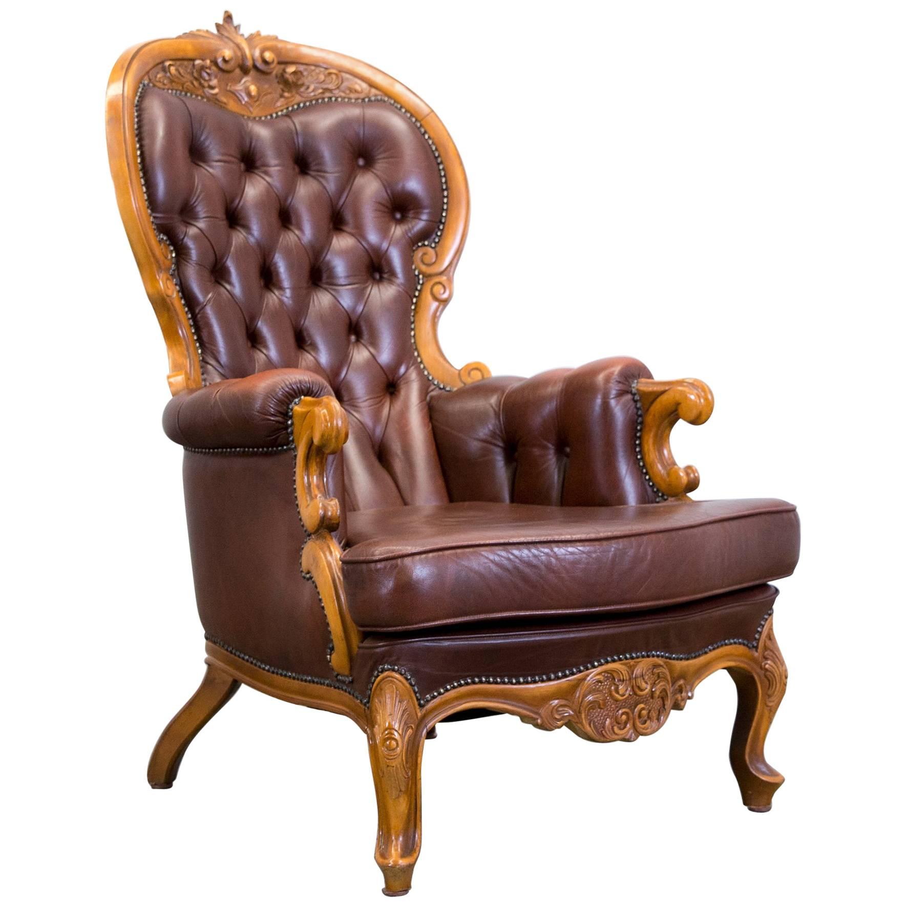 Chesterfield Brown Leather Armchair, One-Seat Wood Barock Retro For Sale