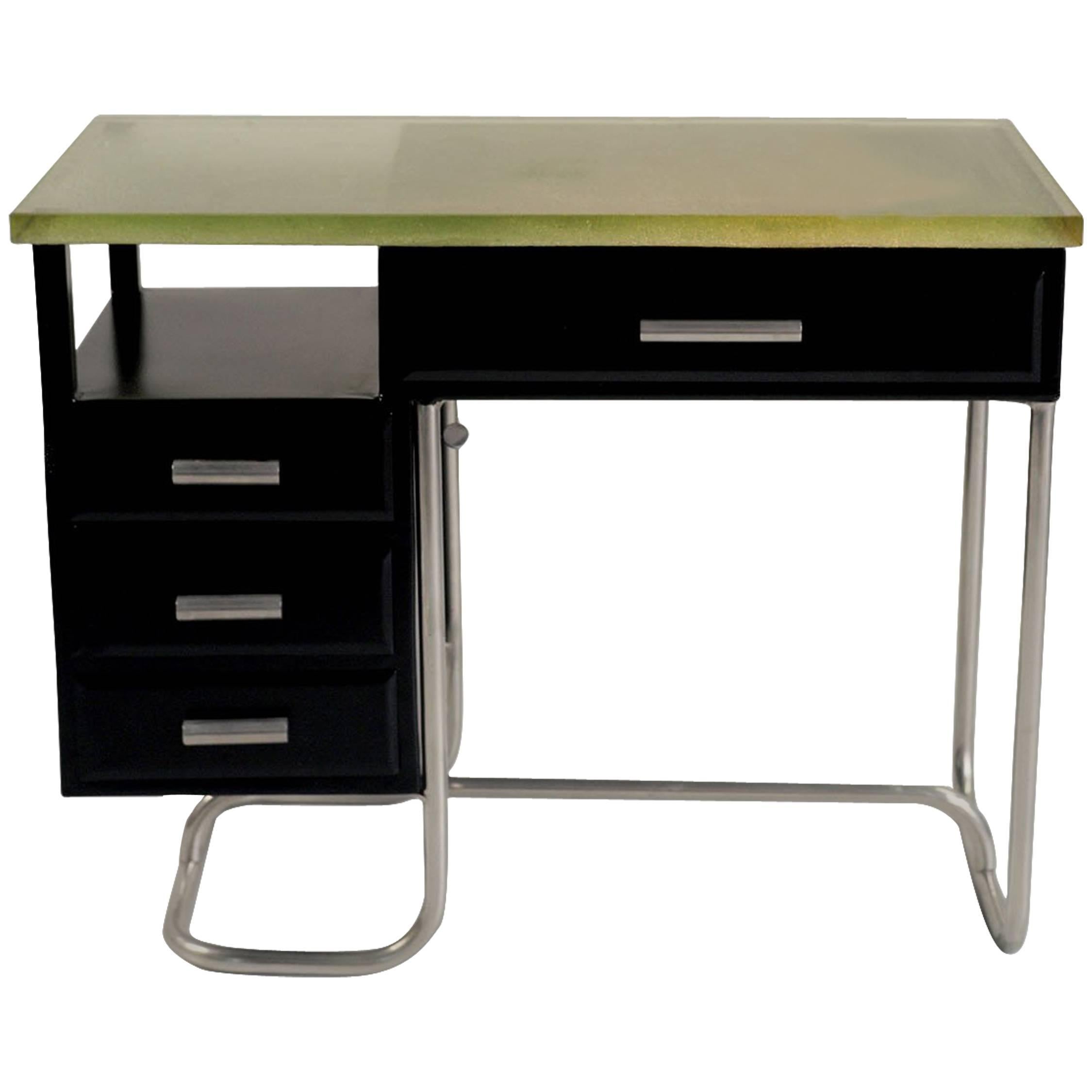 Tubular Desk in Black Lacquered Metal and Glass Slab, 1930