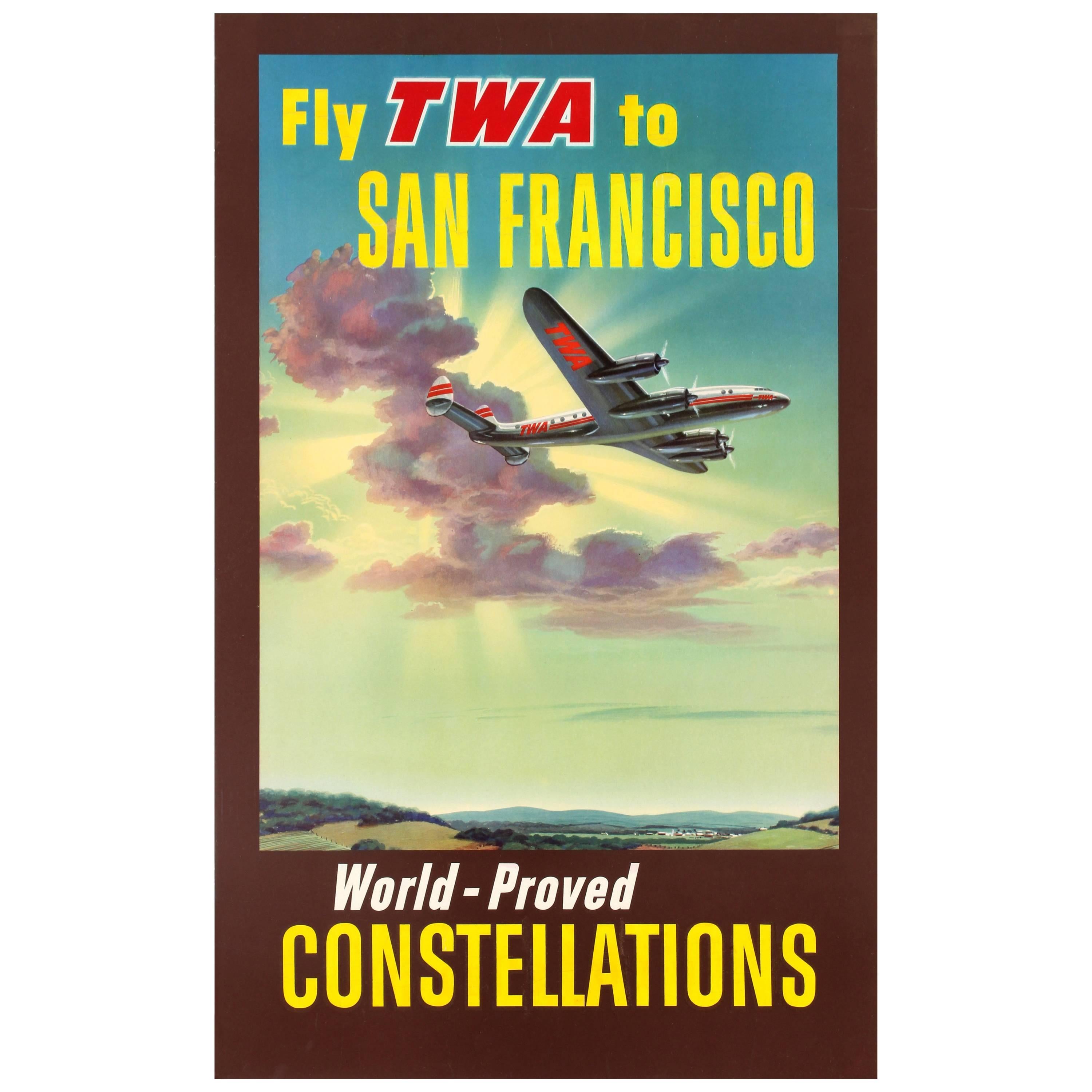 Original Vintage Travel Poster Fly TWA San Francisco World-Proved Constellations For Sale