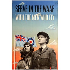 Vintage Original WWII Royal Air Force Poster - Serve In The WAAF With The Men Who Fly