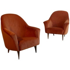 Pair of Armchairs in Red Terra Velvet, Italy, 1950s