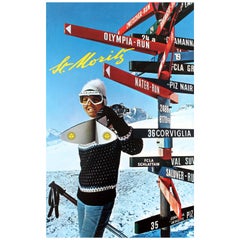 Original Retro Swiss Ski Poster for St Moritz - Olympia Run Nater Run Piz Nair