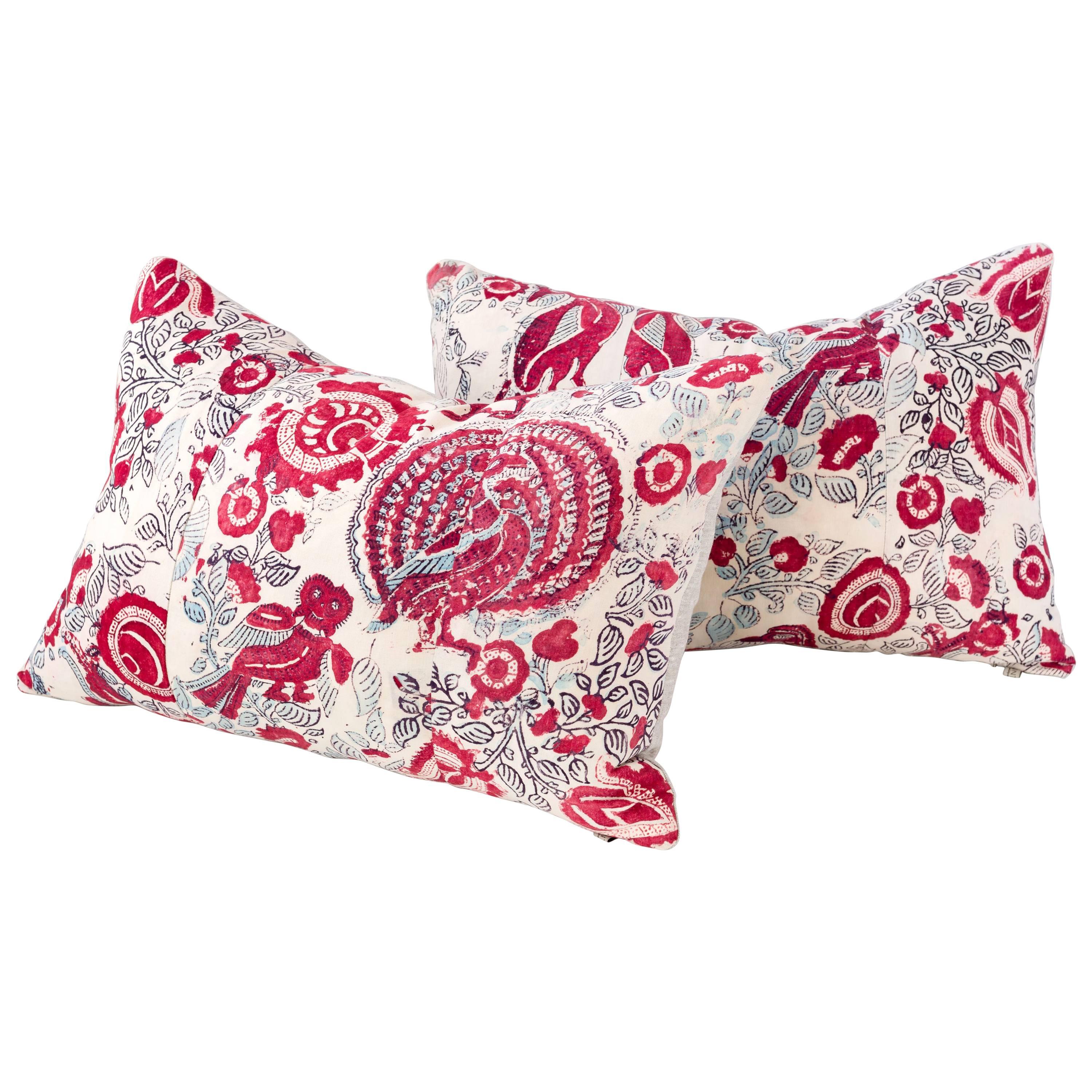 Early 20th Century Indian Block Print Pillow- Red and Light Blue