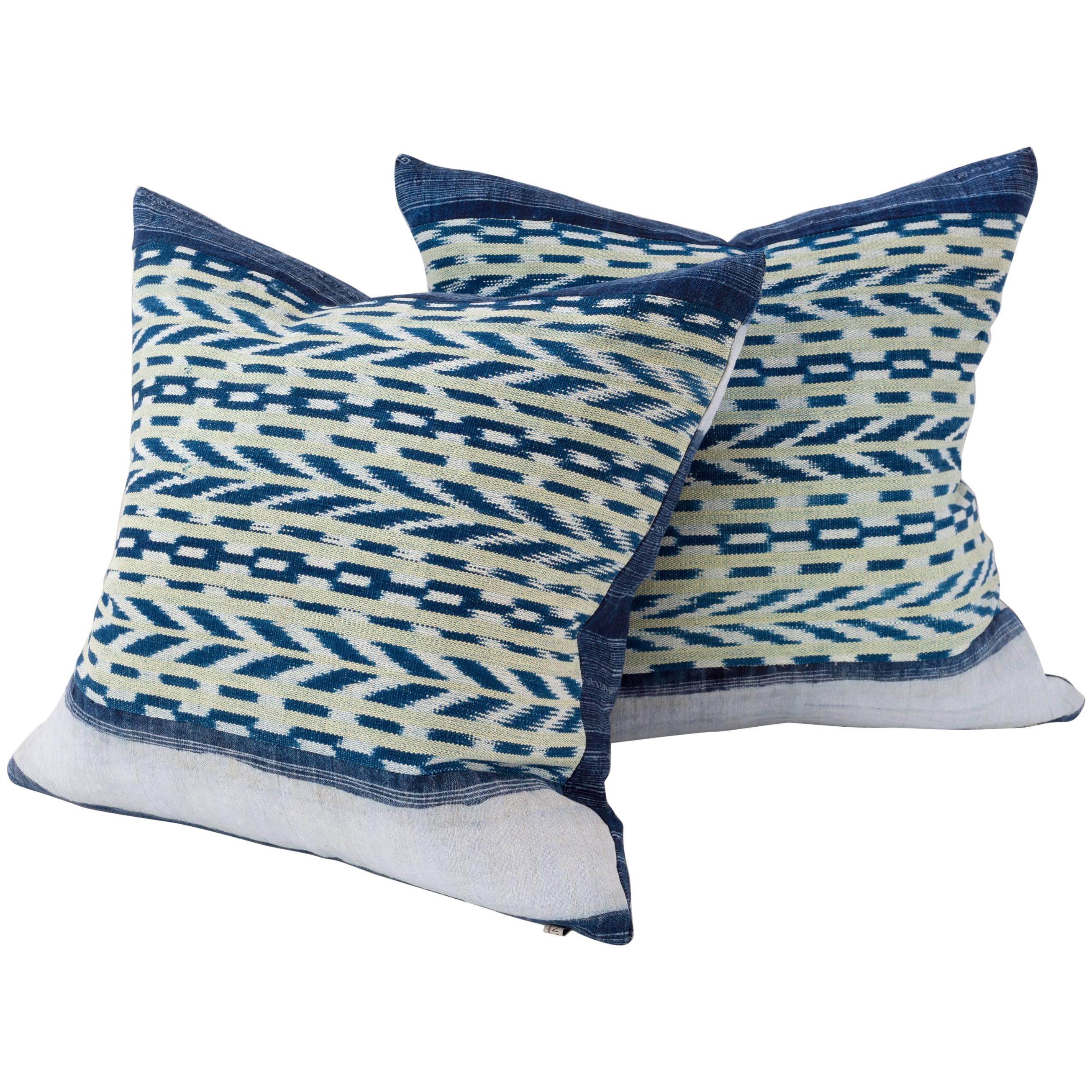 Pillow, Dong Indigo Stripe with Guatemalan Panels in Blue and Yellow For Sale