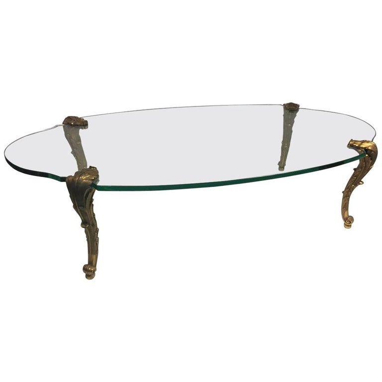 Maison Jansen Cabriole Leg Bronze and Glass Coffee Table For Sale at