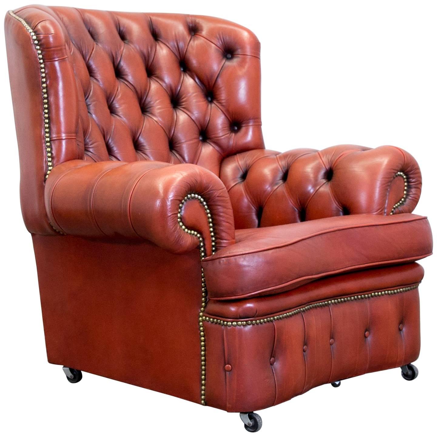 Chesterfield Armchair Leather Brown Orange One-Seat Vintage Retro Rivets For Sale