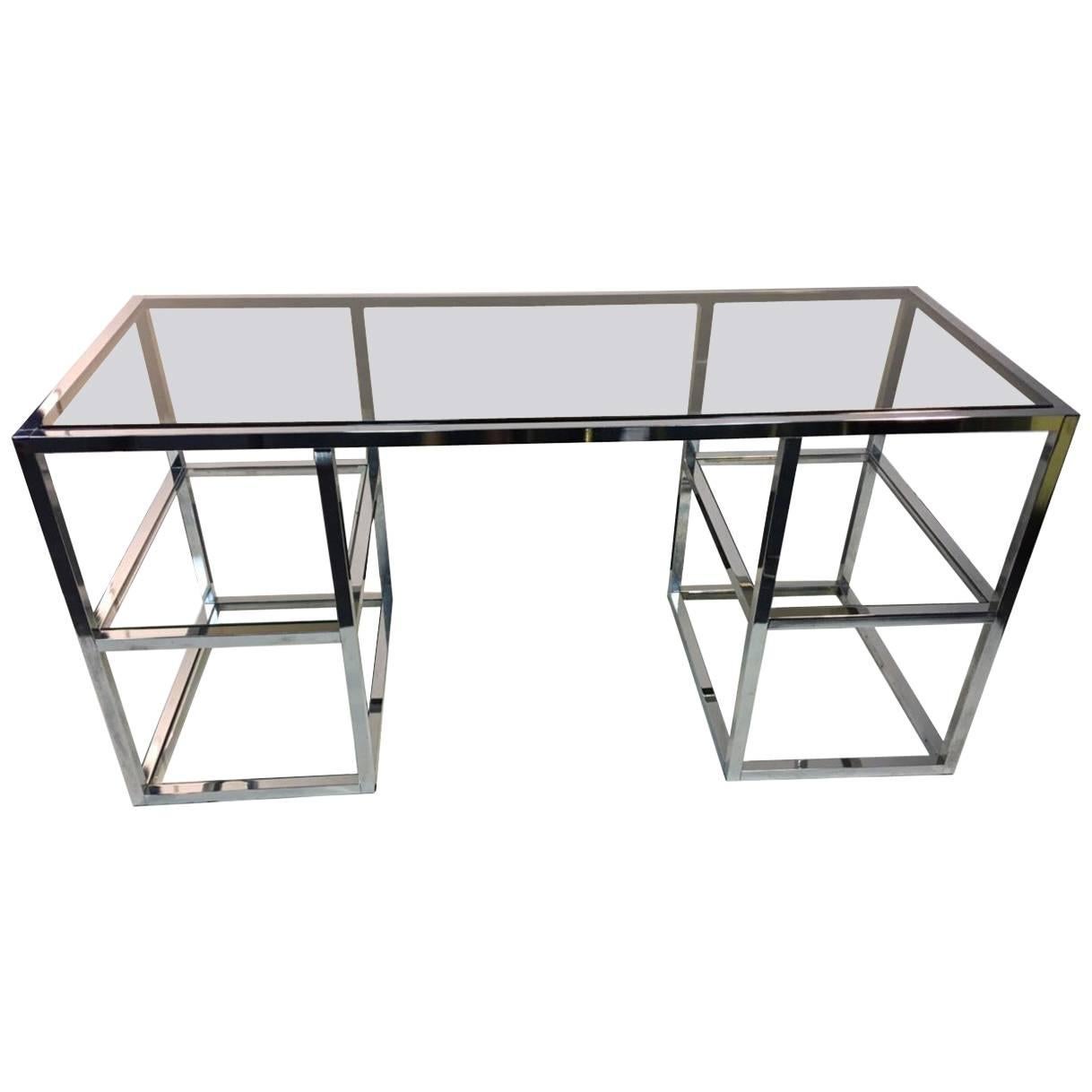   Romeo Rega Modernist Chrome And Glass Desk For Sale