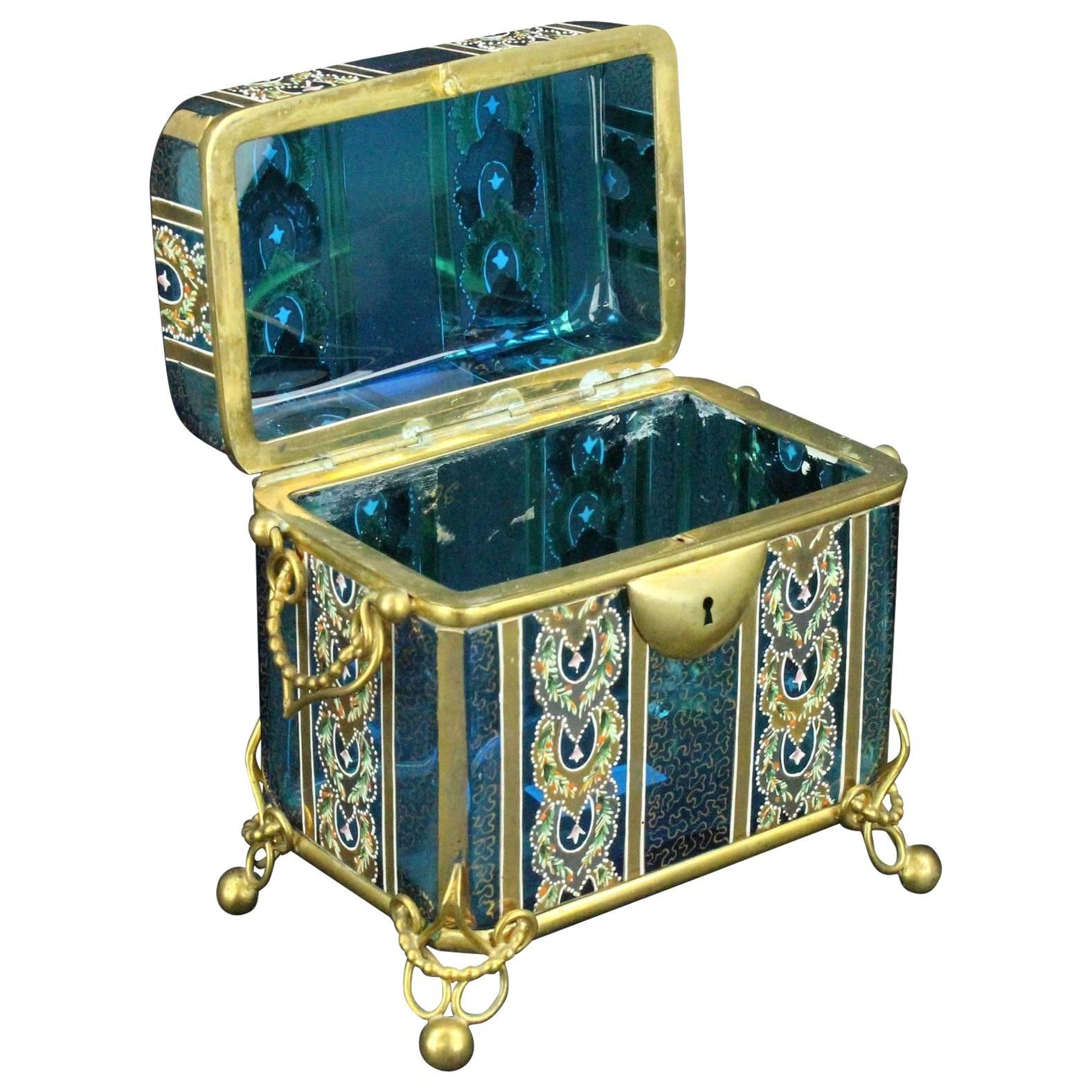 French Late 19th Century Enameled and Gilt Blue Glass Box
