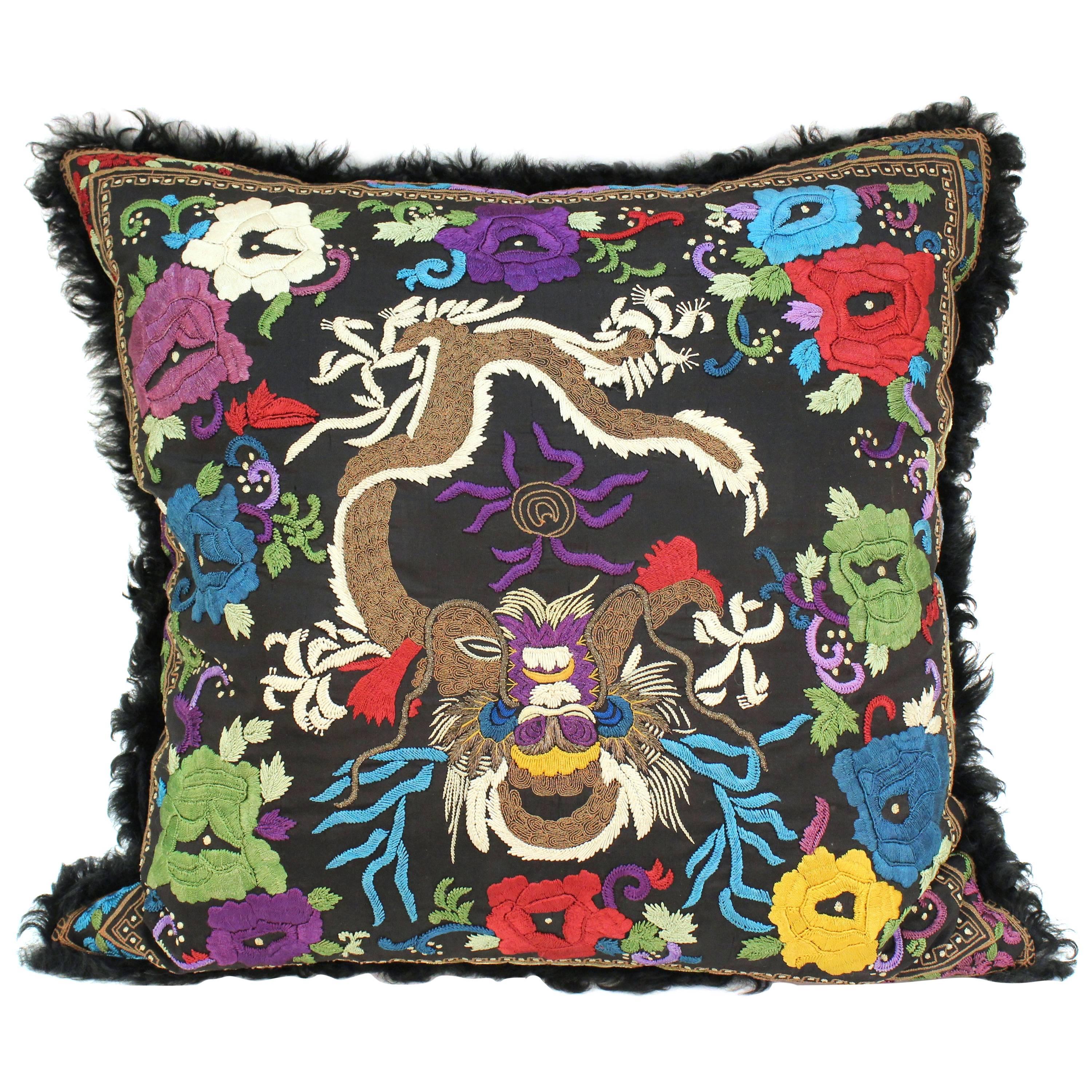 Ralph Lauren Asian-Inspired Silk and Fur Pillow with Embroidered Dragon Motif