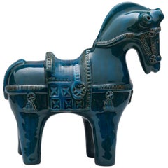 Aldo Londi Bitossi Italy Petrol Blue Ceramic Horse