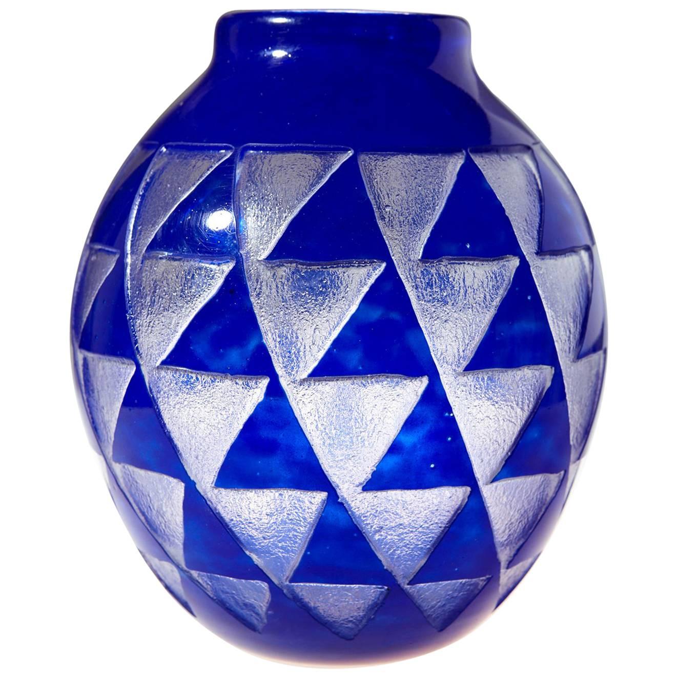 French Art Deco Blue Sandblasted Glass Vase by David Gueron for Degué For Sale
