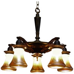 Antique Five-Arm Brass Chandelier with Irridescent Glass Shades