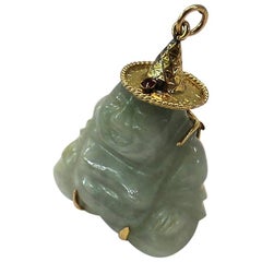   Chinese 14-Karat Gold and Jade Buddha Necklace Pendant with Ruby