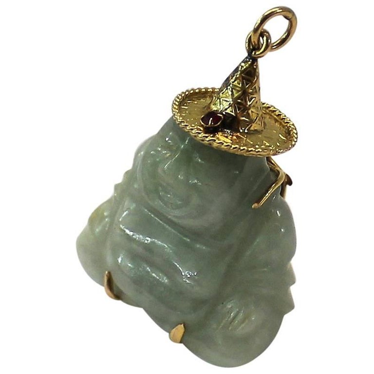   Chinese 14-Karat Gold and Jade Buddha Necklace Pendant with Ruby For Sale
