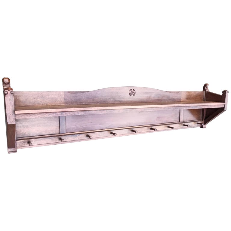 Arts and Crafts Wall Coat Rack and Shelf with HandCarved and Stylized