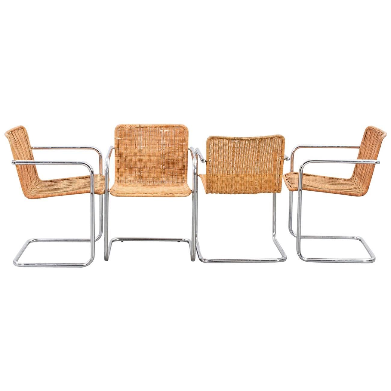 Set of Six Wicker and Chromed Steel Chairs, Italy, 1970s For Sale