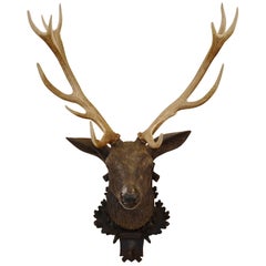 19th Century Black Forest Hunting Trophy in Carved Wood and Deer Antlers