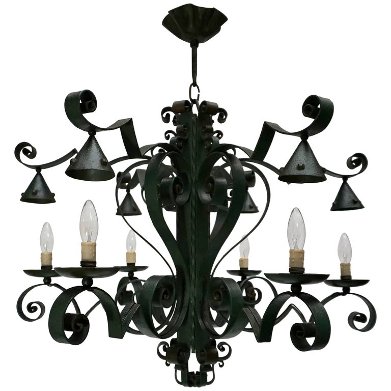 Midcentury French Art Glass and Wrought Iron Chandelier at 1stdibs