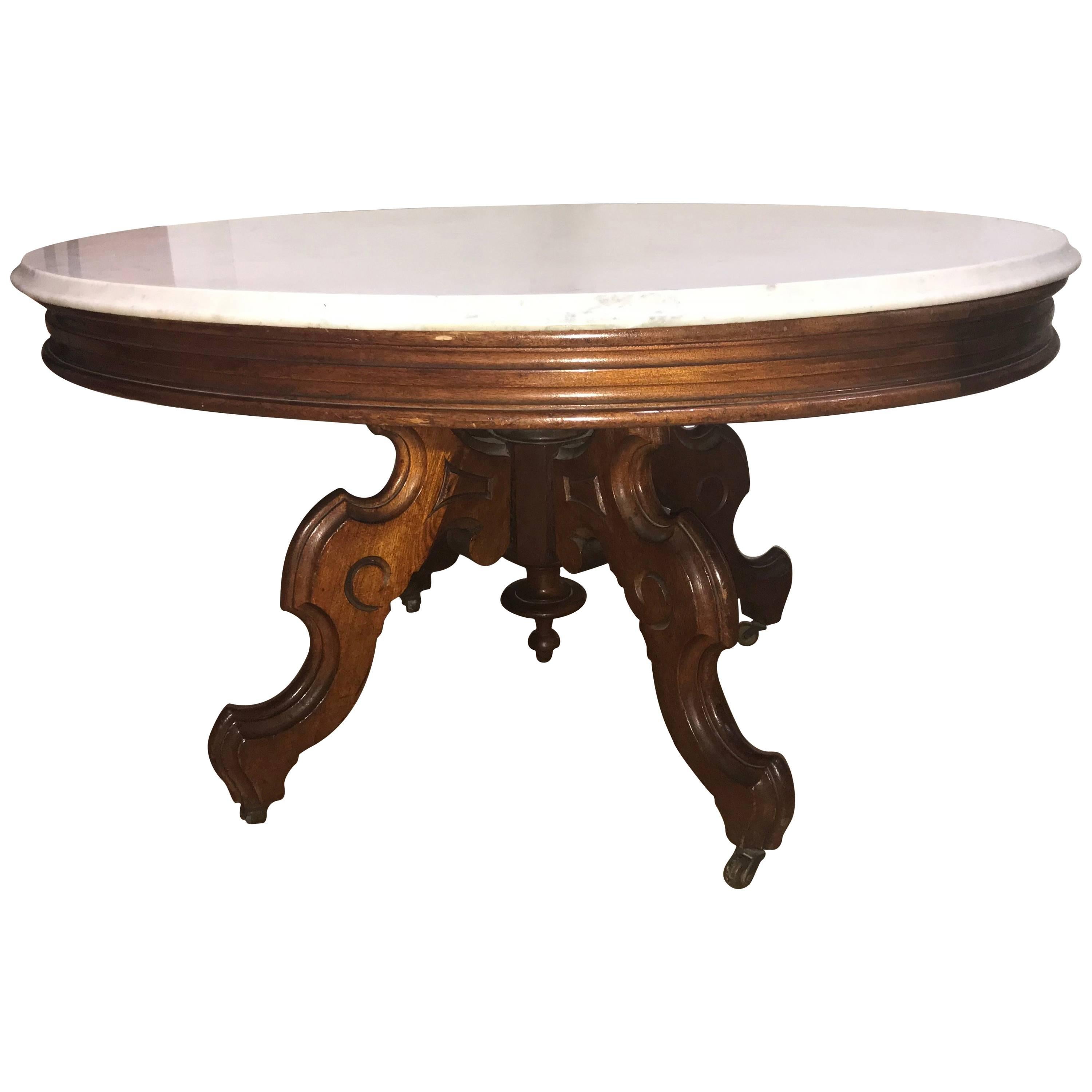 Low Italian Wood Table with Marble Top