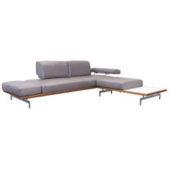 Leather Corner Sofa in Grey Beige, Gloss Wood